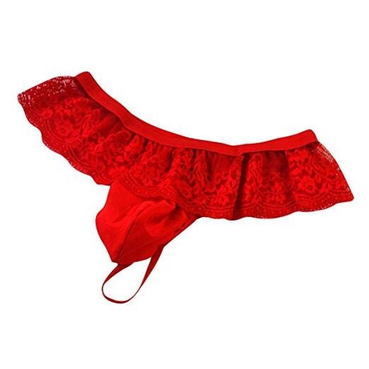 Men’s Frilly Lace Trim Sissy Skirted Panties T-back G-string One Size Red