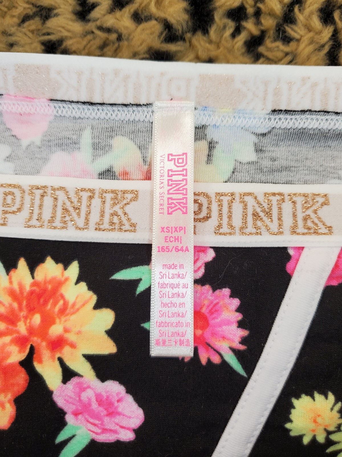 Victoria’s Secret Gold Glitter Logo Black Floral HipHugger Hipster Panty XS Sexy