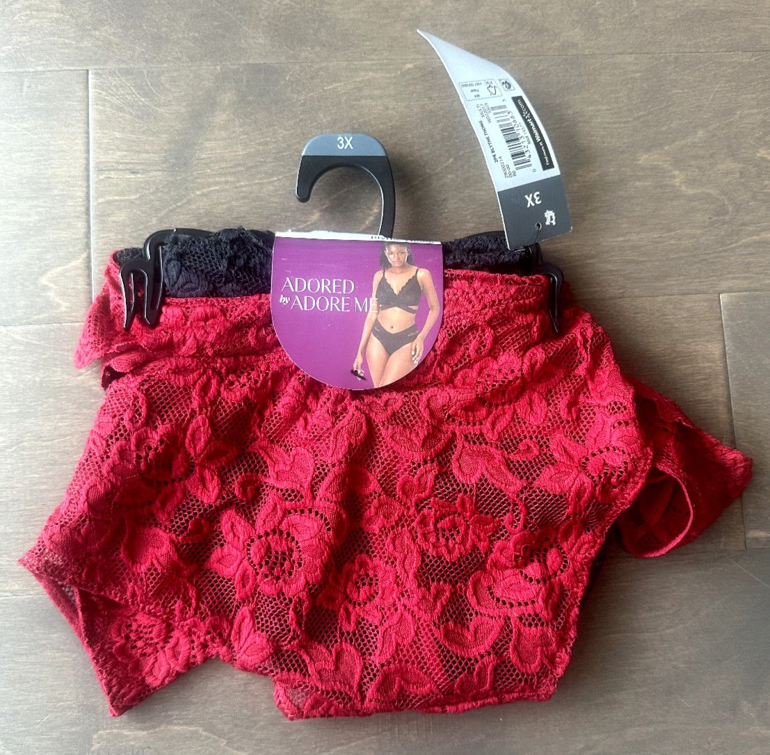 Adored by Adore Me Blythe Thong Set Cut Out Lace Details Red Black Women’s 3X