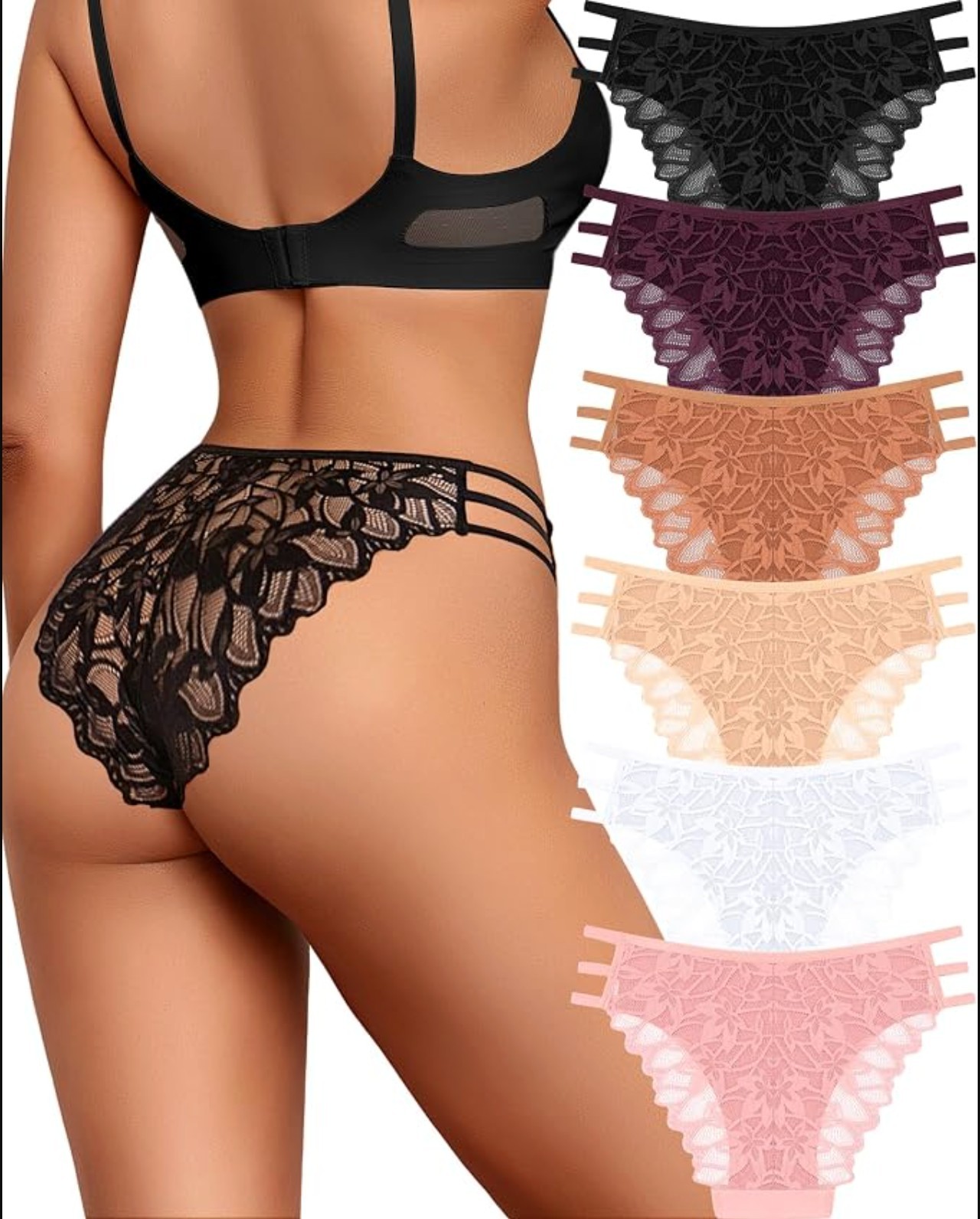 Womens Lace Bikini Panties Triple Side Strap Breathable Cheeky Underwear 6 Pack