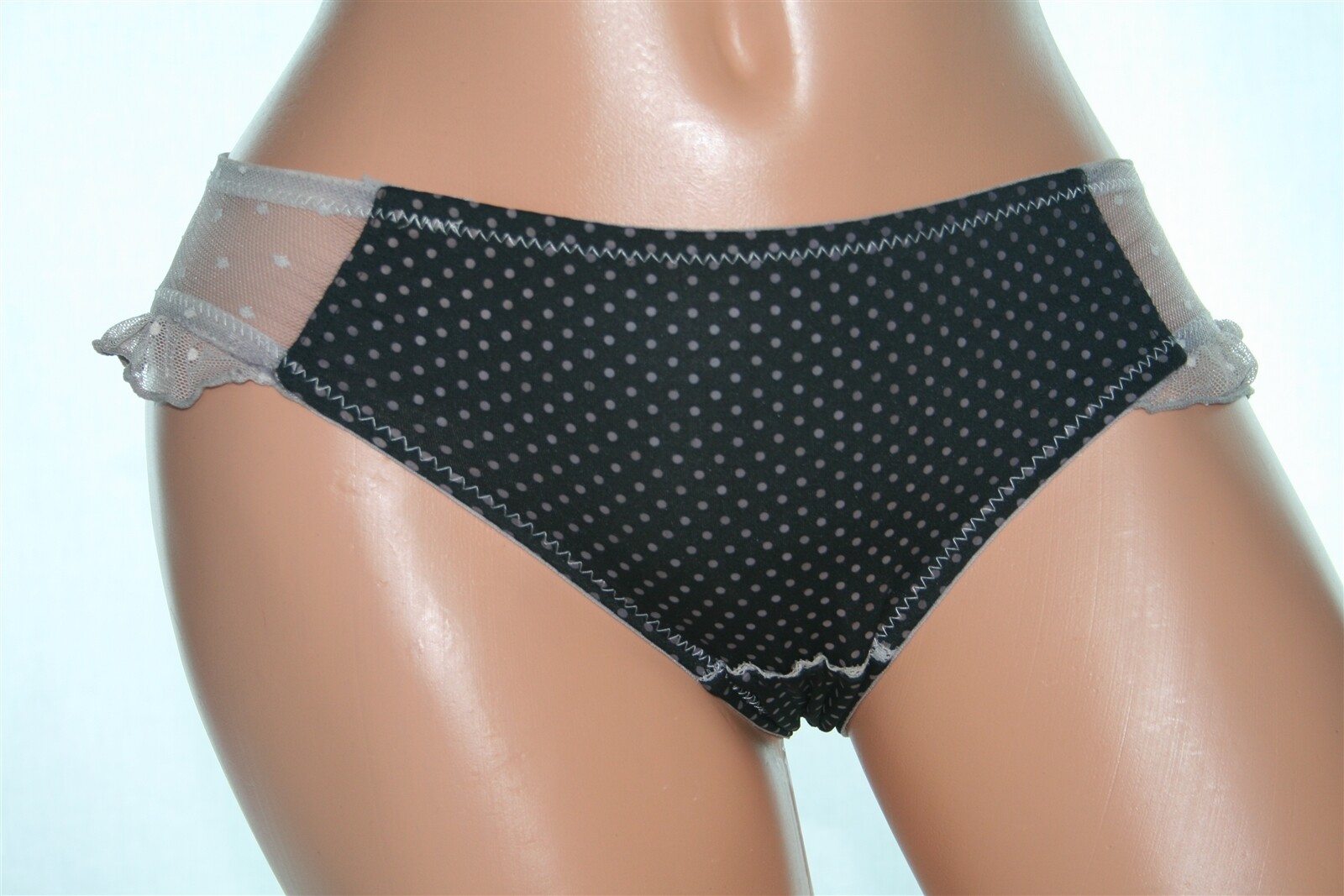 Black Bikini Panty with Polka Dots, Sheer Beige Panels and Back Size S