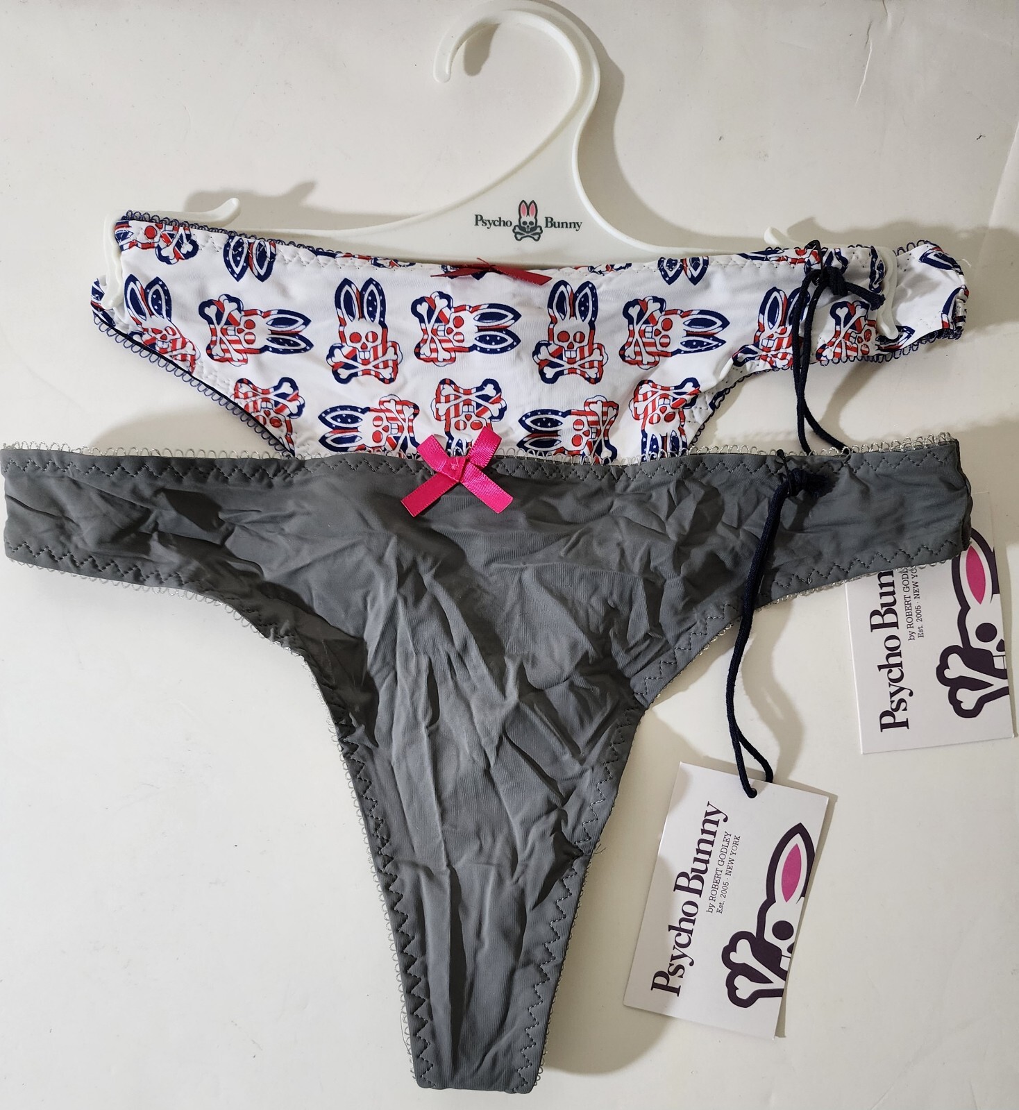 AUTHENTIC Psycho Bunny Women’s Thong Panties 2 Pcs White Navy & Gray Size S NEW