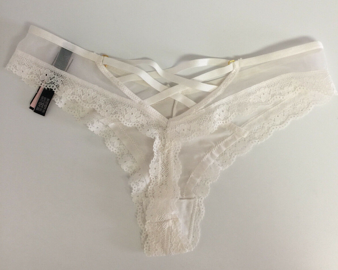 Victorias Secret Sexy Coconut White Strappy Mesh Thong Panties M Split Waist NWT