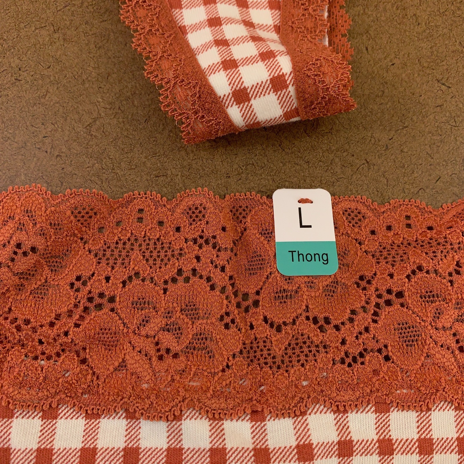 Maurices Womens Size Large Cinnamon Check Lace Trim Thong Panty 2 Pack NWT