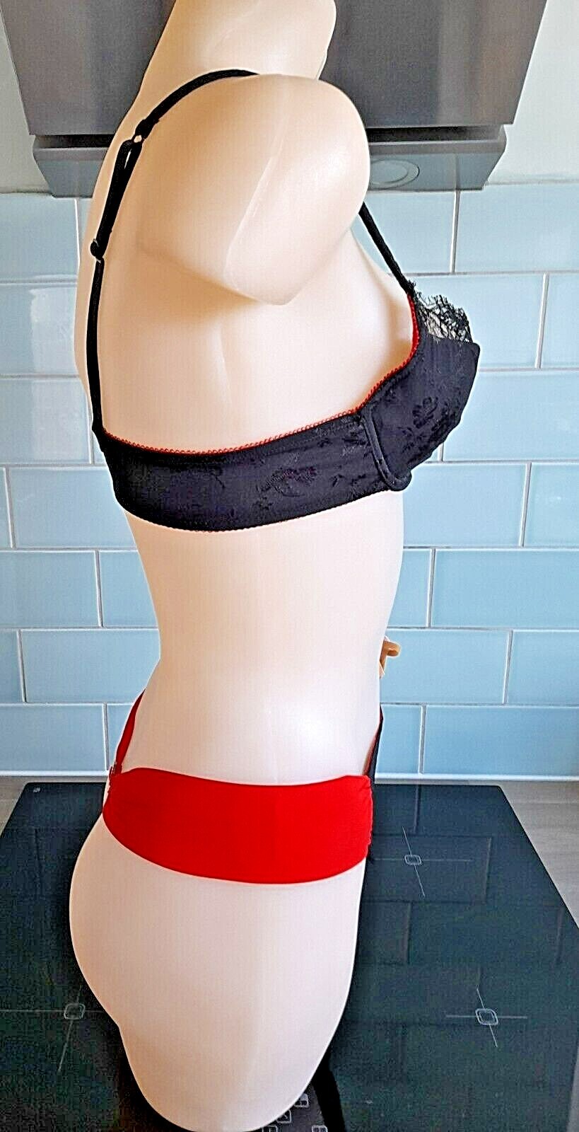 John Galliano BIJOUX Black/Red Silk/Lace High Leg Chiffon Banded Thong