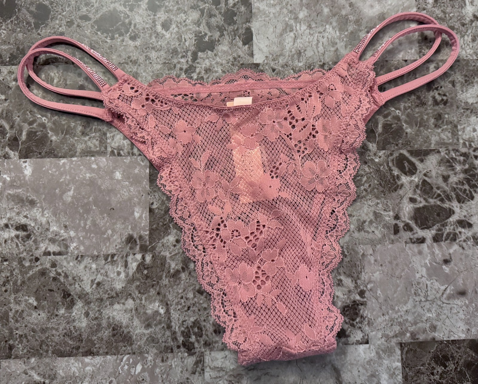 VICTORIA’S SECRET PINK ROSE APPLIQUE LACE SHINE STRAP STRAPPY BRAZILIAN PANTIES