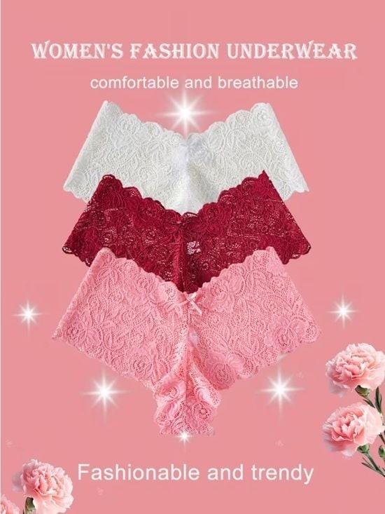 3 Lace Bikini Briefs – White, Red & Pink – Women’s Intimates Size Medium