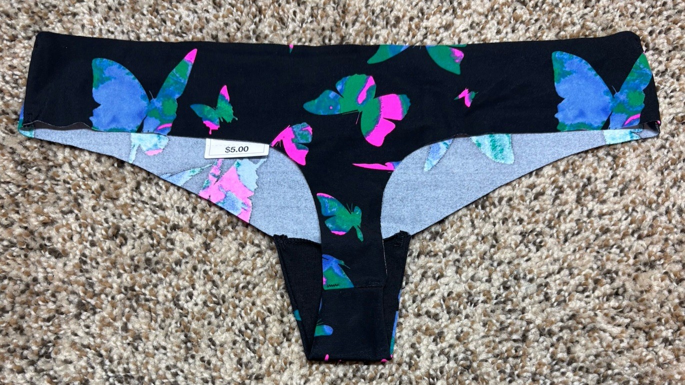 Auden Black/Multi-Color Invisible Edge Thong w/ Butterflies. Size: S (4-6).
