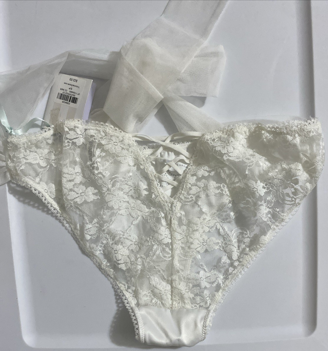 Victorias Secret I DO White Bride Bikini Panties Small Satin Lace V Lace-up Back