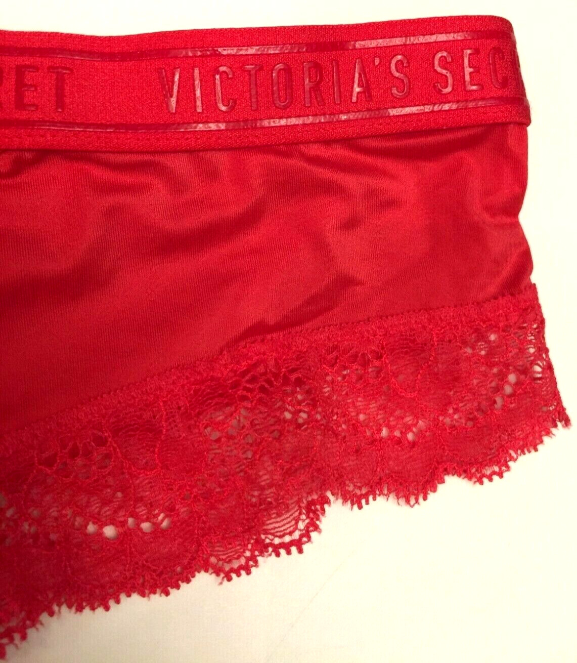 Victorias Secret Bright Cherry Red Logo Sport Band Cheeky Panty Size S Lace Trim