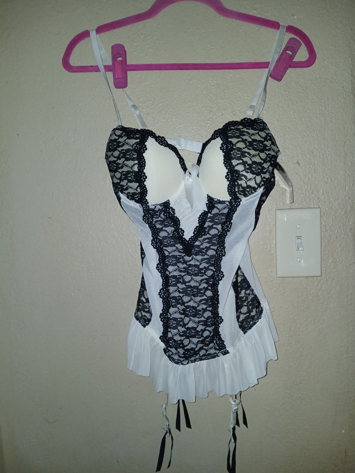 Just Be Sexy White Black corset Dress Lingere Large With Pantie Hose Attachment