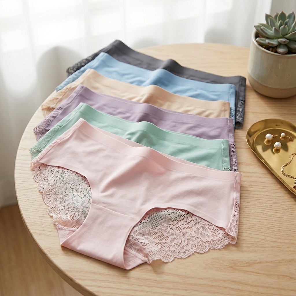 Women Ice Silk Lace Briefs 6 Pack Mid Rise Seamless Cotton Crotch Daily Panties
