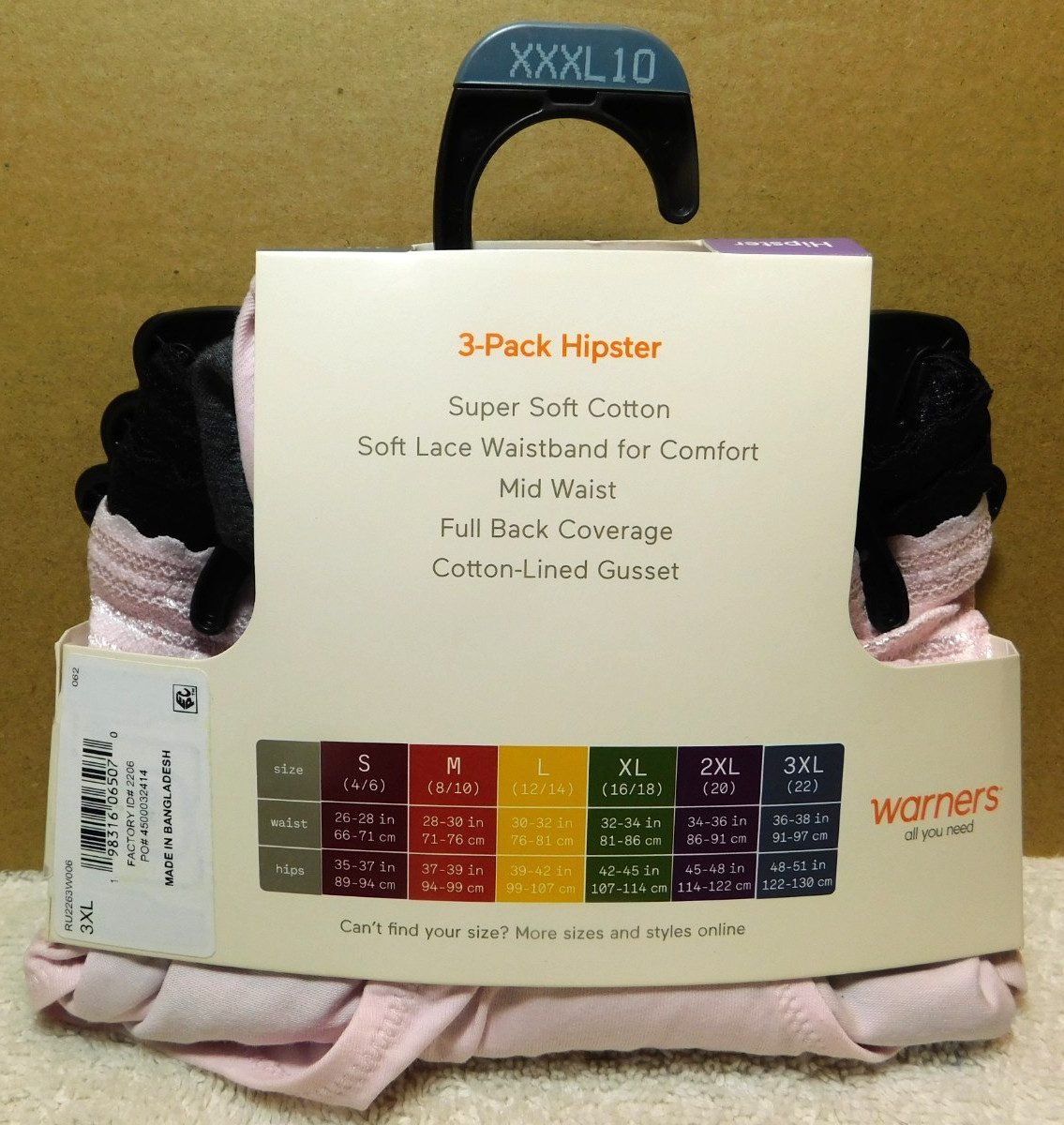 Warners~Blissful Benefits Cotton Hipster 3Pk Pink, Grey,& Black XXXL Panties(DG)