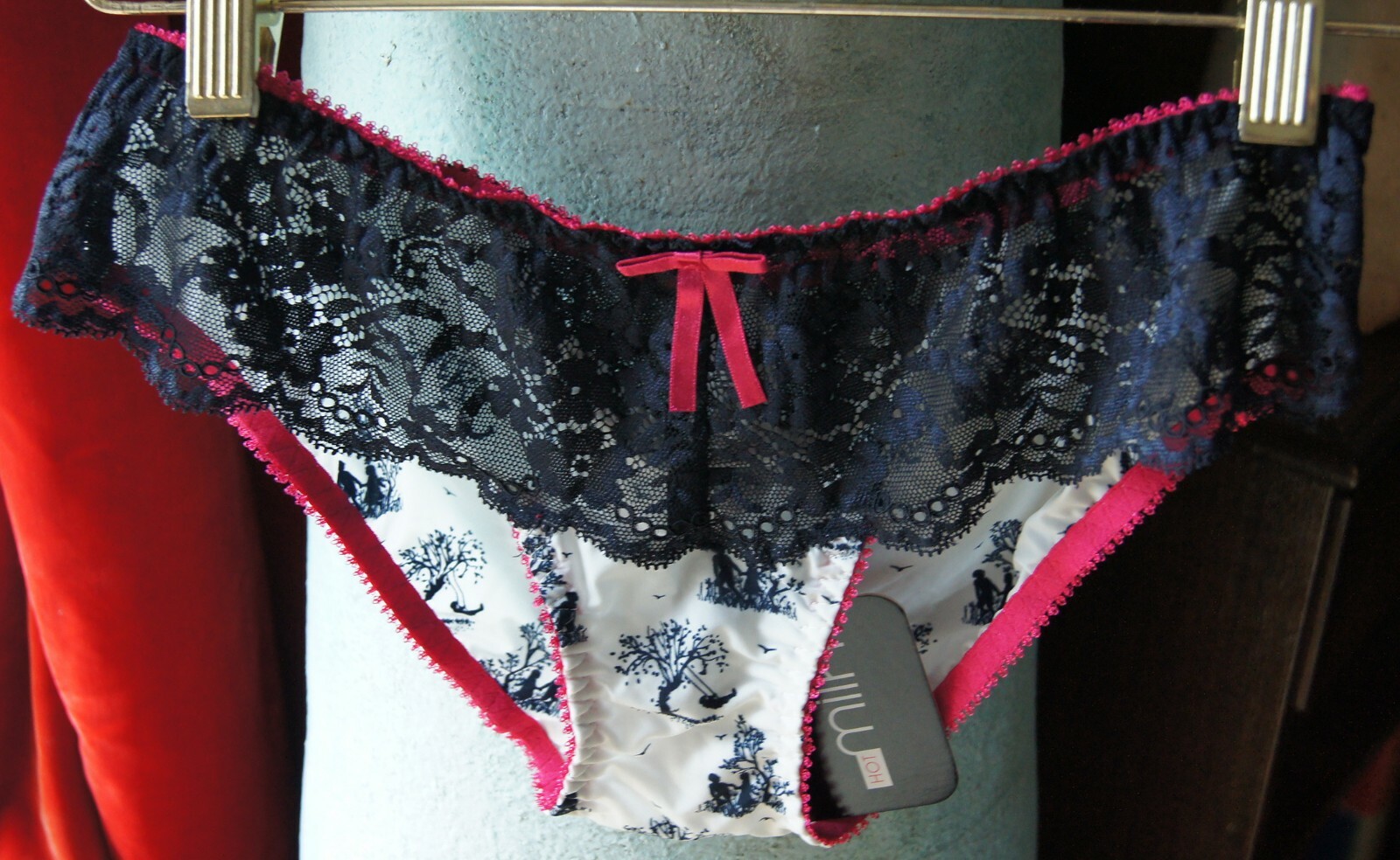 Hot Milk White/Black “Confidence Is Radiance” Toile de Jouy And Lace Briefs