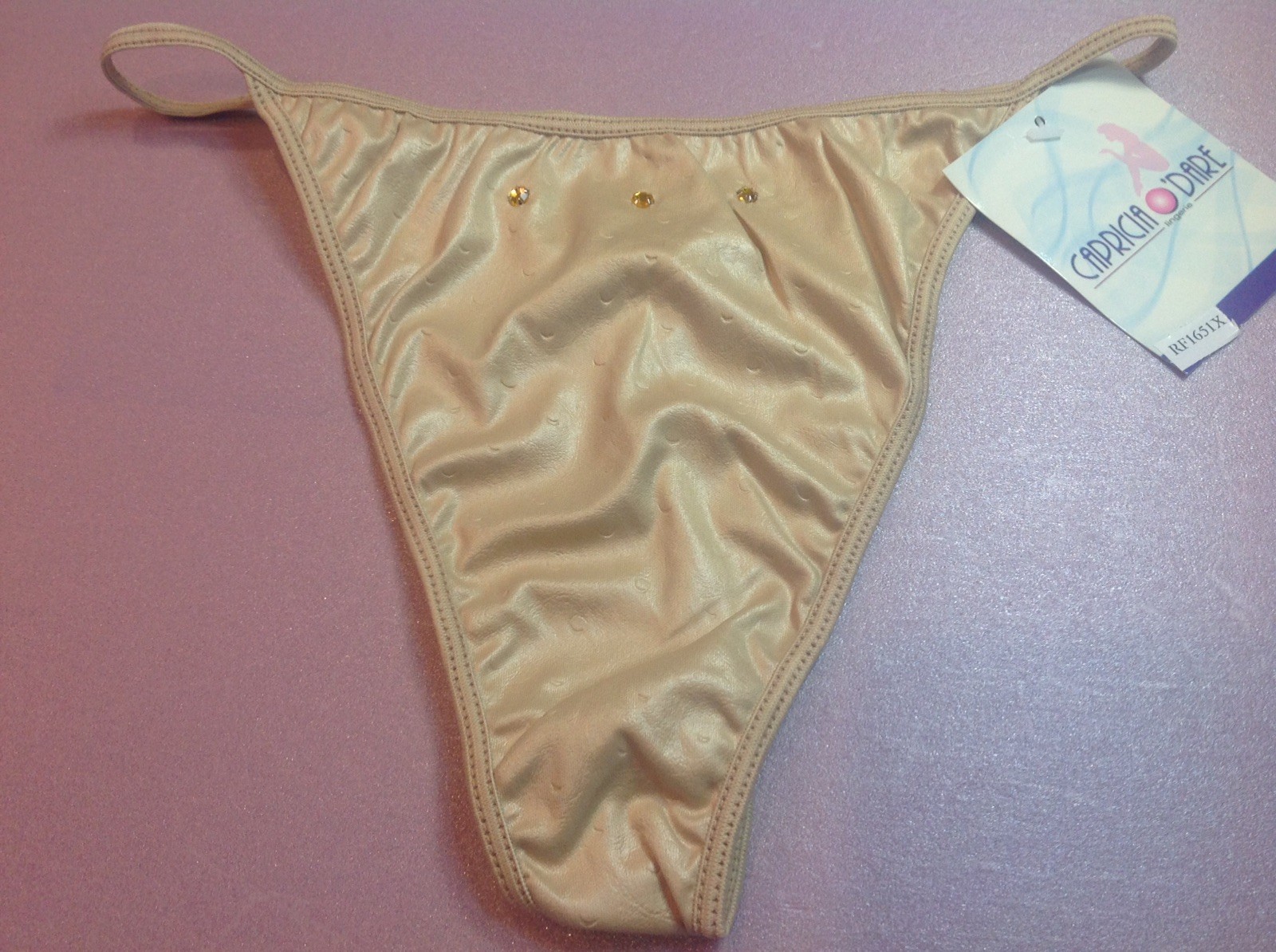 Women Panties,Thongs”CAPRICIA O’DARE” Size 10 Beige Leather Look W/Decorations