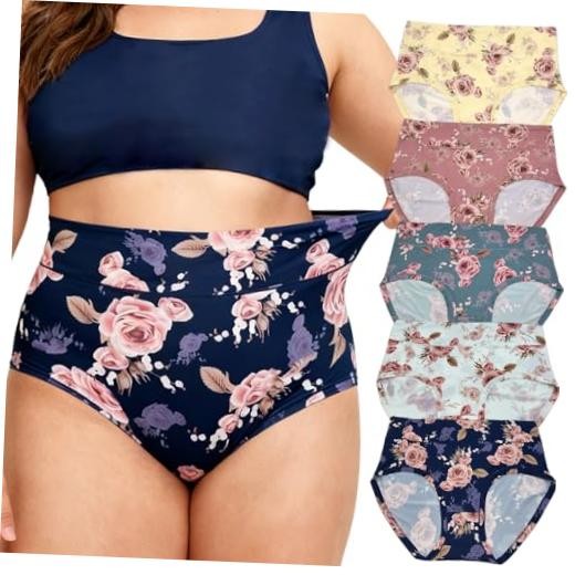 Women’s Plus Size XL-5XL Underwear High Waist Briefs Panties Rose 4X-Large 5pcs