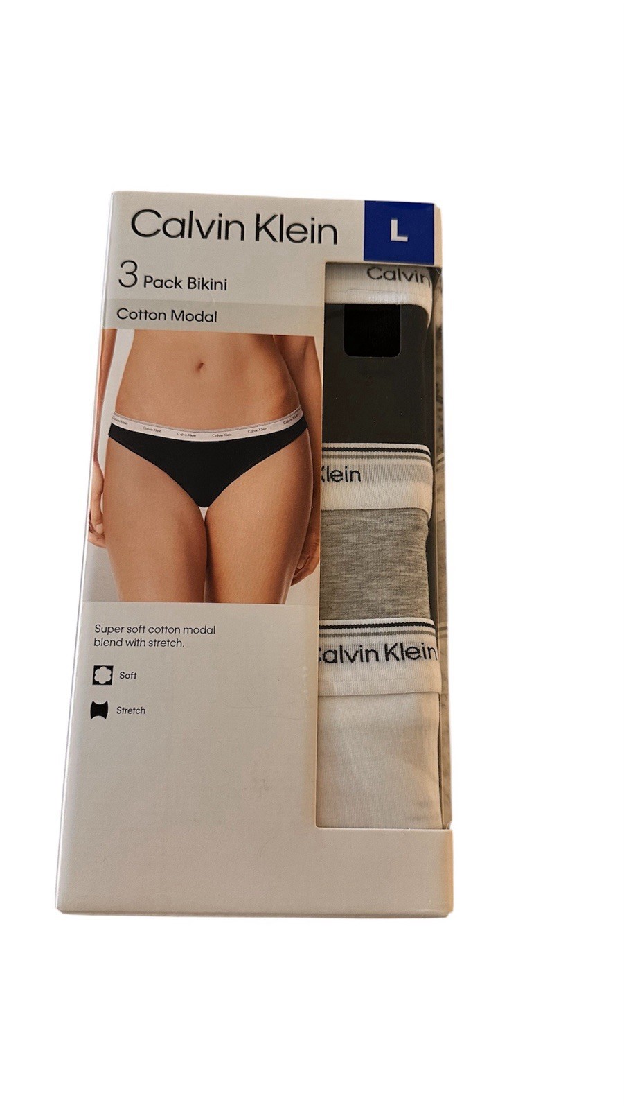 NEW Calvin Klein 3-Pack Women’s Large Stretch Bikini Panties Black, Gray, White