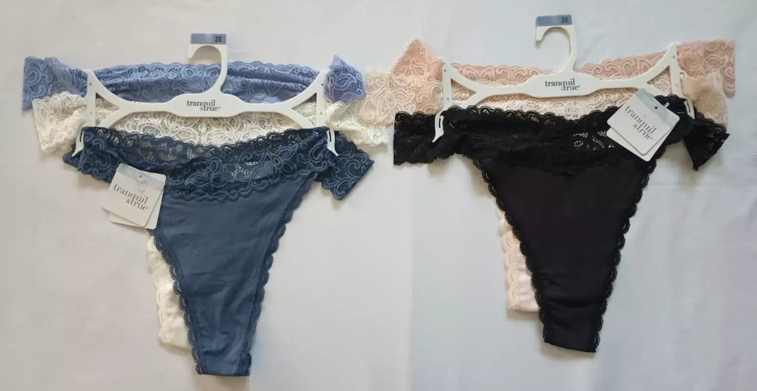 Tranquil & True 3-Pack Cotton/Lace Thongs Size 2X Multicolor (LOT OF 2 PACKS)