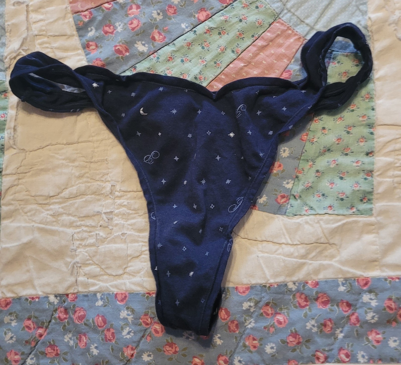PINK Victoria’s Secret Thong Panty Navy Blue Star Moon Print Size M
