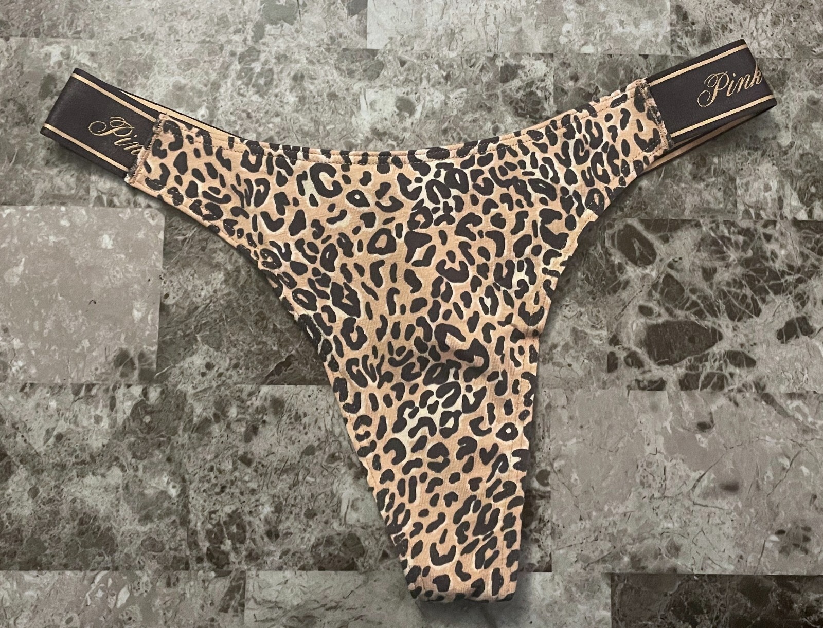 NWT VICTORIA’S SECRET PINK NUDE GRAY LEOPARD THICK LOGO SIDE STRAP THONG PANTIES