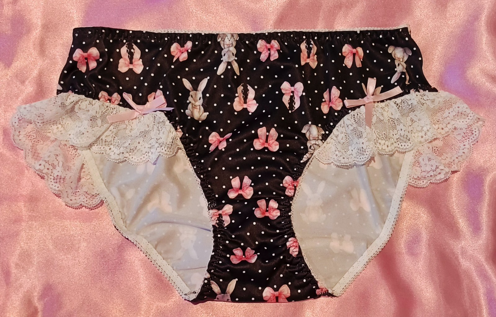Cute Silky Stretchy Frilly Bunny Bows Polka Dot Sissy Panties Knickers L 12-14
