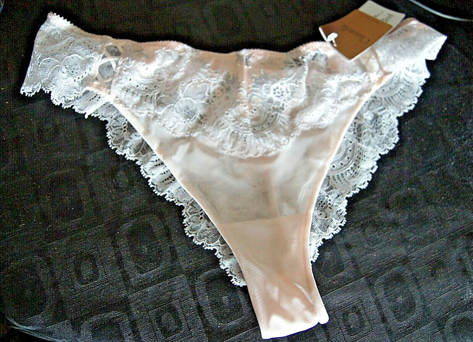 Chantelle Peach/Grey “Haut Couture” Lace/Brocade Tanga Style 3429/8E