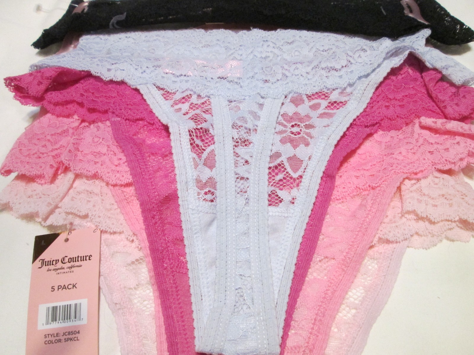 JUICY COUTURE Women’s SZ L- 5Pk Lace Logo Thong Panties Black /BLUE & pinks-NWT