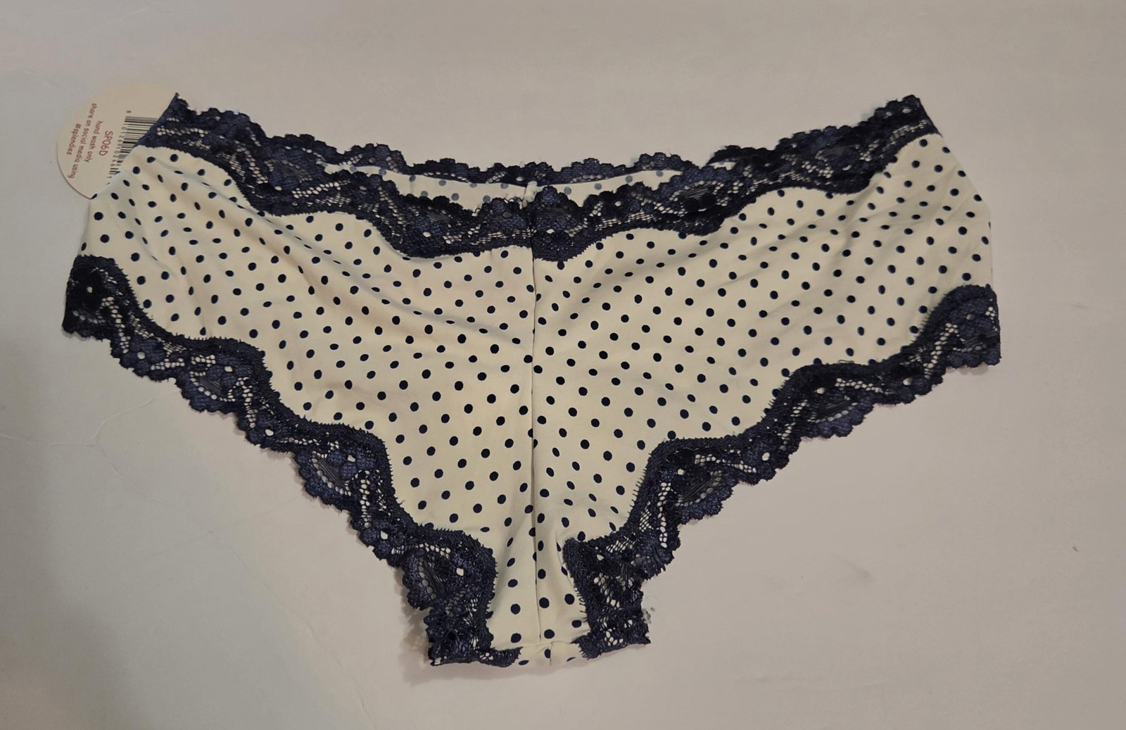 Splendies Cheeky Panties Womens Large White Navy Polka Dot Lace Microfiber Bow