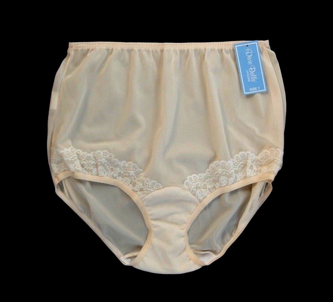 DIXIE BELLE 100% Nylon Full-Cut Pearl Beige Brief with Lace Trim Size 6/Medium
