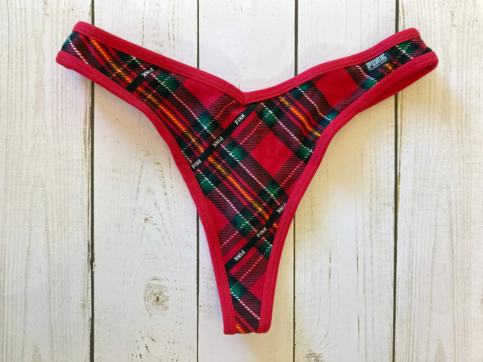 Victoria’s Secret PINK – S Cotton Thong Panty – Red Green Plaid Print Small