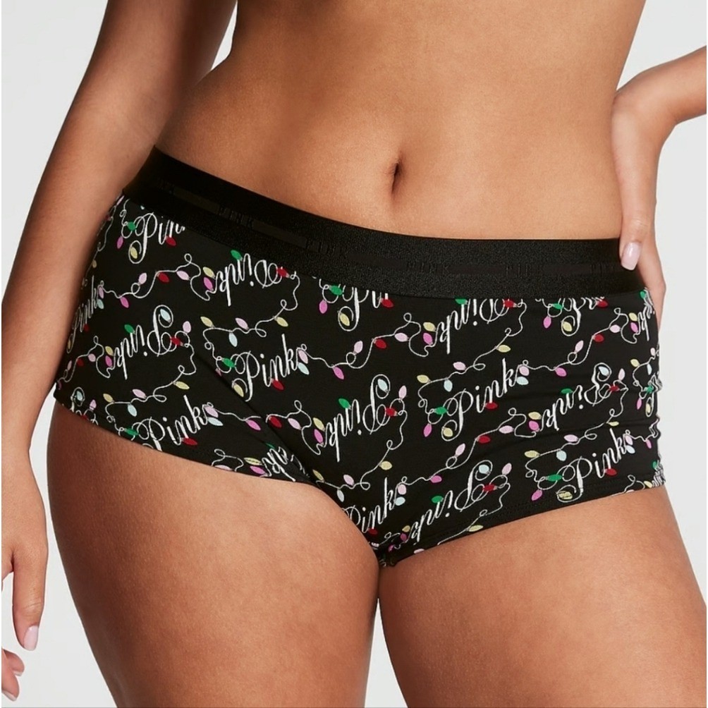 Pink Victoria’s secret Christmas lights logo boyshort panty size XL