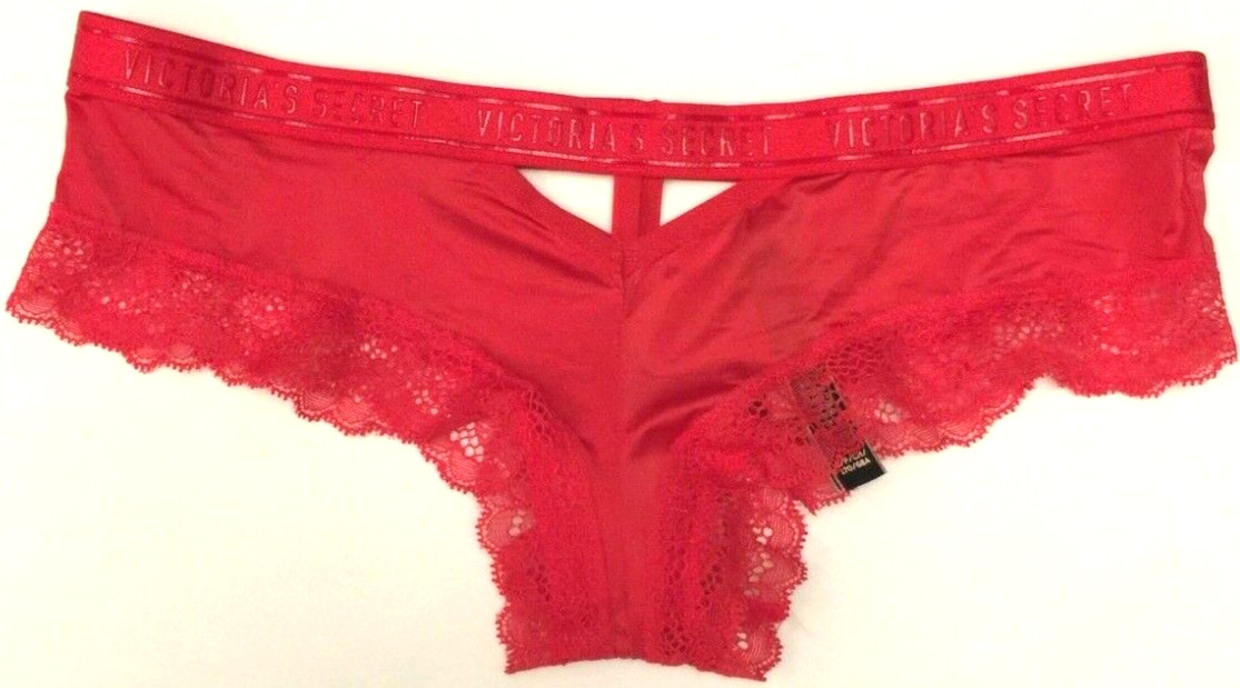 Victorias Secret Bright Cherry Red Logo Sport Band Cheeky Panty Size S Lace Trim
