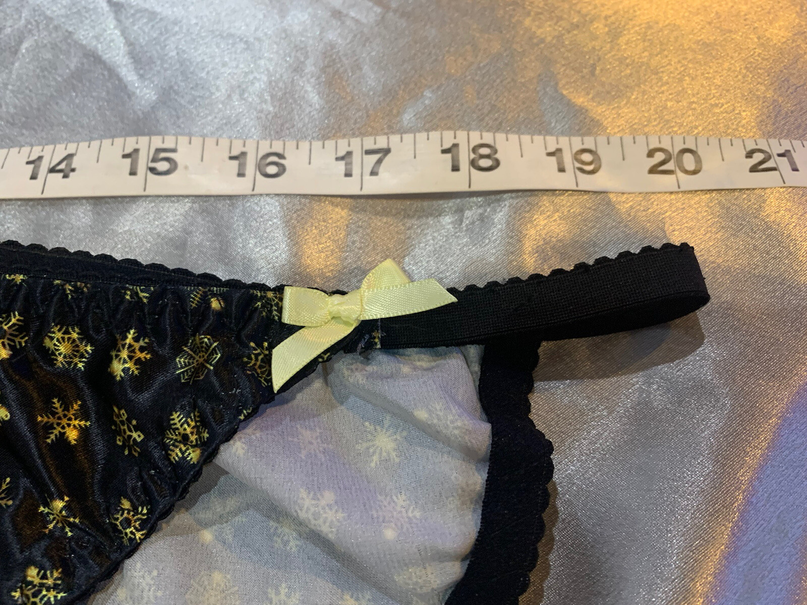Nwot Handmade Sz L black gold snowflake satin string bikini Sissy panties