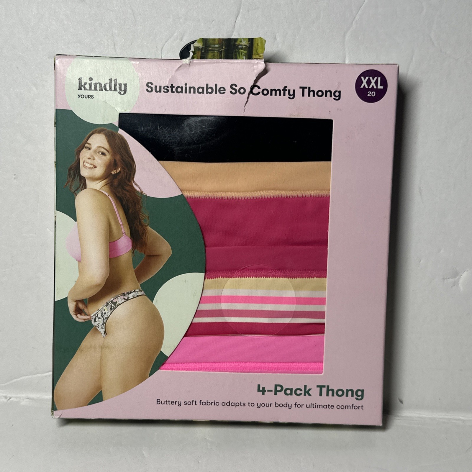 Kindly Yours So Comfy Thong Underwear 4-Pack XXL (20)Pink,Magenta,Stripe,Black