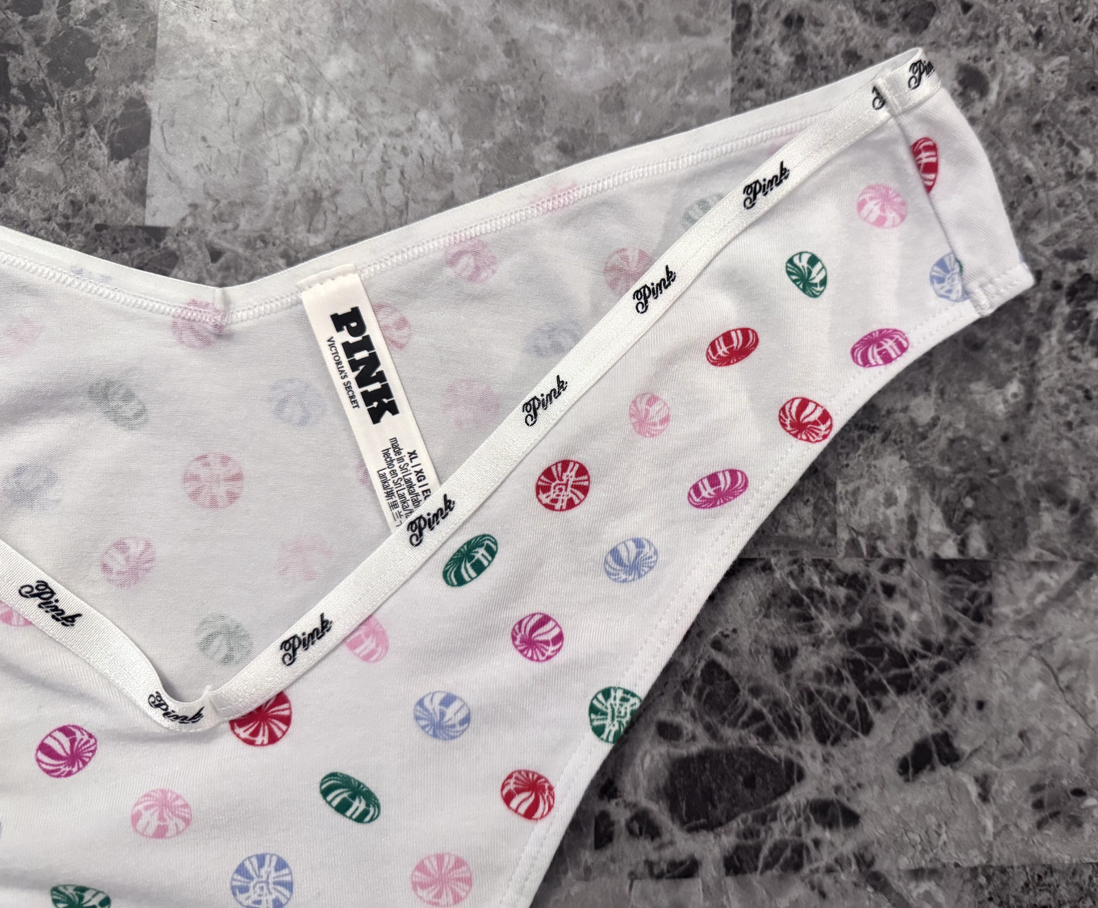 VICTORIA’S SECRET PINK XL RED GREEN CANDY LOGO BAND V STYLE TANGA CHEEKY PANTIES