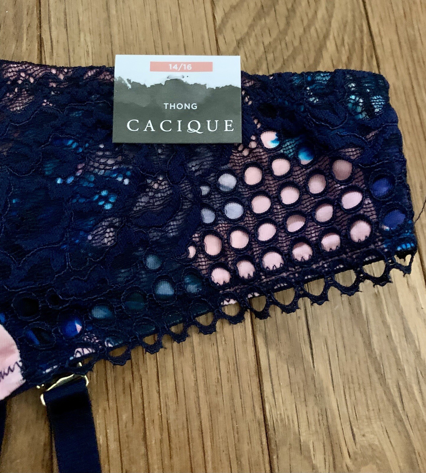 Plus Size 14/16 Lane Bryant Cacique Thong Garter Panty Pink Navy Blue Sexy Lace