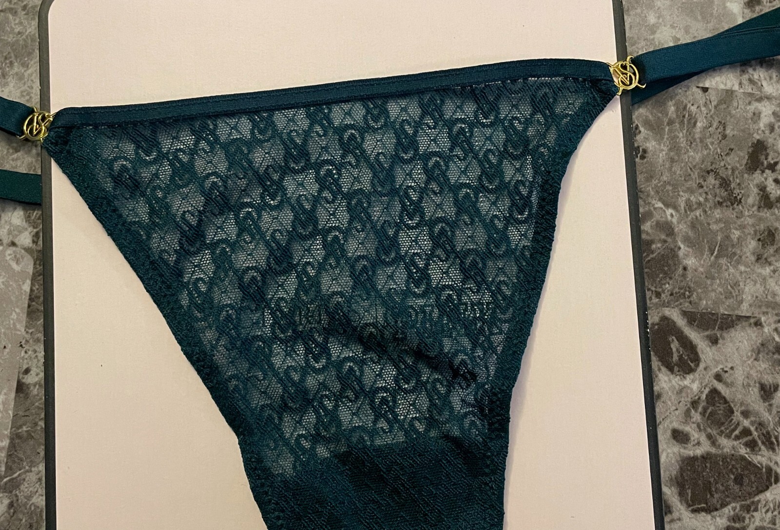 NWT VICTORIA’S SECRET DARK GREEN ICON MESH GOLD ADJUSTABLE STRAP THONG PANTIES