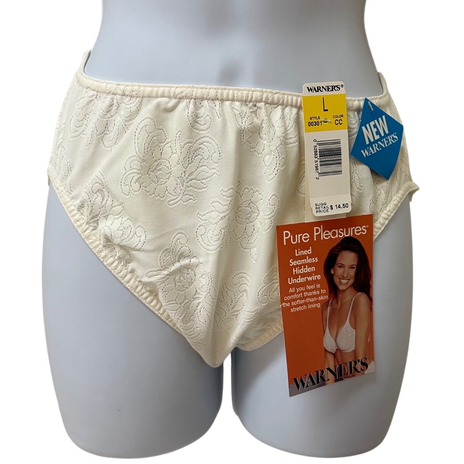 Warners Pure Pleasures Vintage High Cut Brief Panties Floral Jacquard Cream L