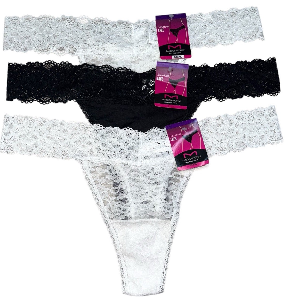Maidenform 3-Pack Thong Luxury Lace Panties Nylon White Black DMESLT Size 2XL 9