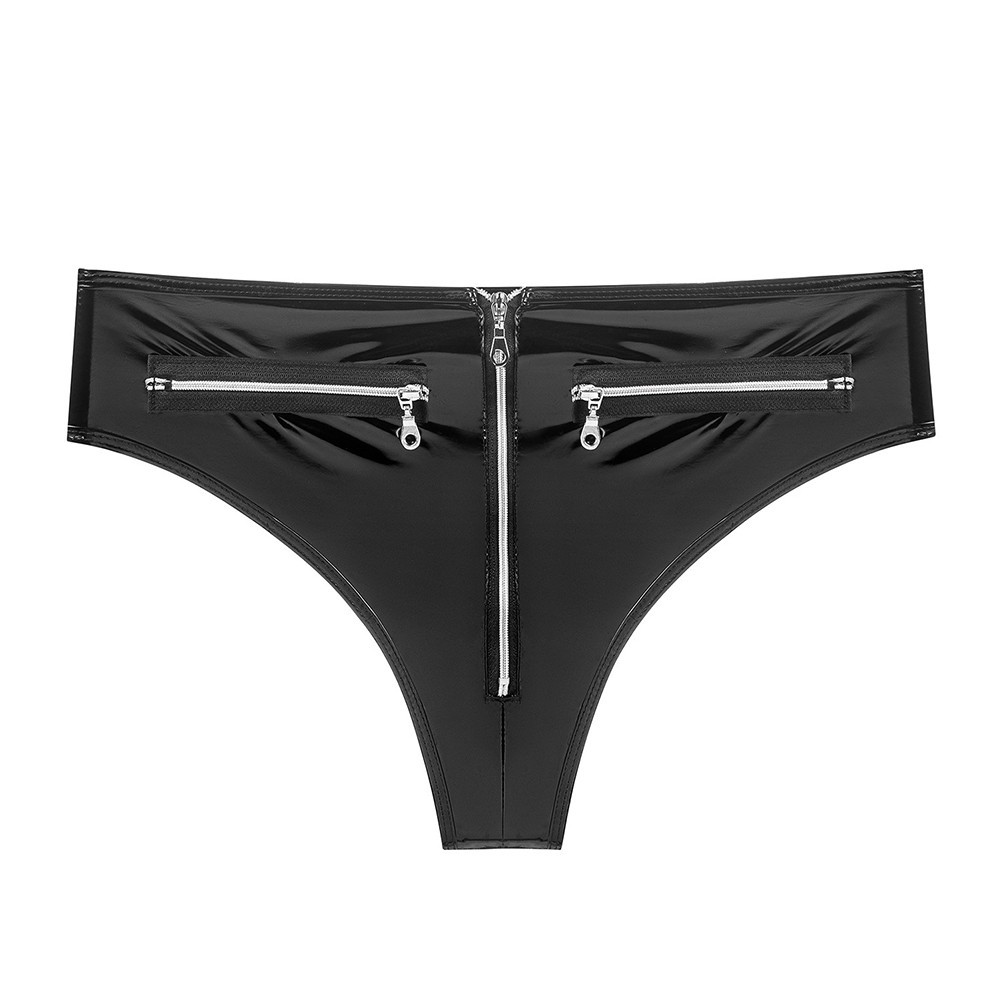 Womens Shiny Latex Panties with Zip Open Crotch Wet Look Briefs for Nightclub
