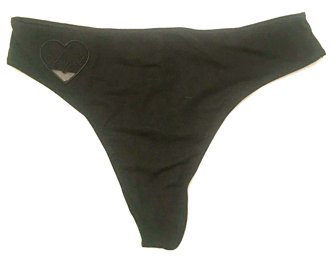 Victorias Secret Black Mid Rise ‘Angel’ Thong Panties Size L Mesh Heart SOFT NWT