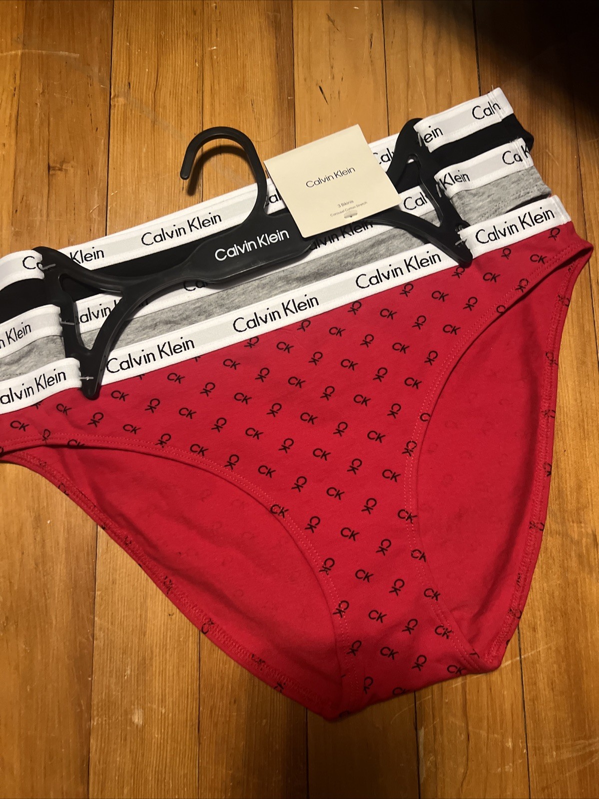 CALVIN KLEIN 3 pack Bikini SZ Large Cotton blend BLACK GRAY RED LOGO color NWT