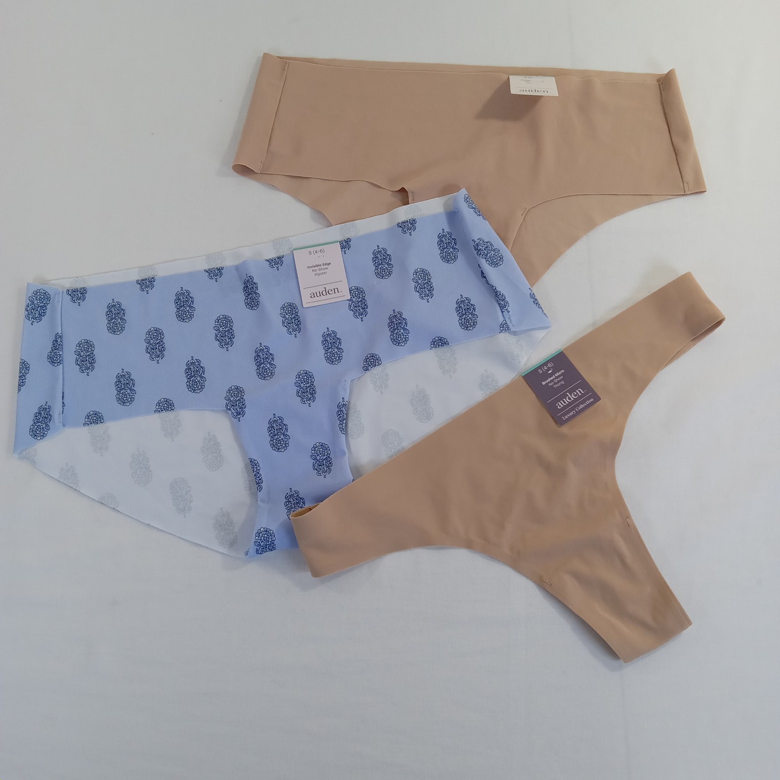 Auden Women’s Panties Lot 3-Pack S (4-6) No-Show Hipster Cheeky Thong Nude Blue