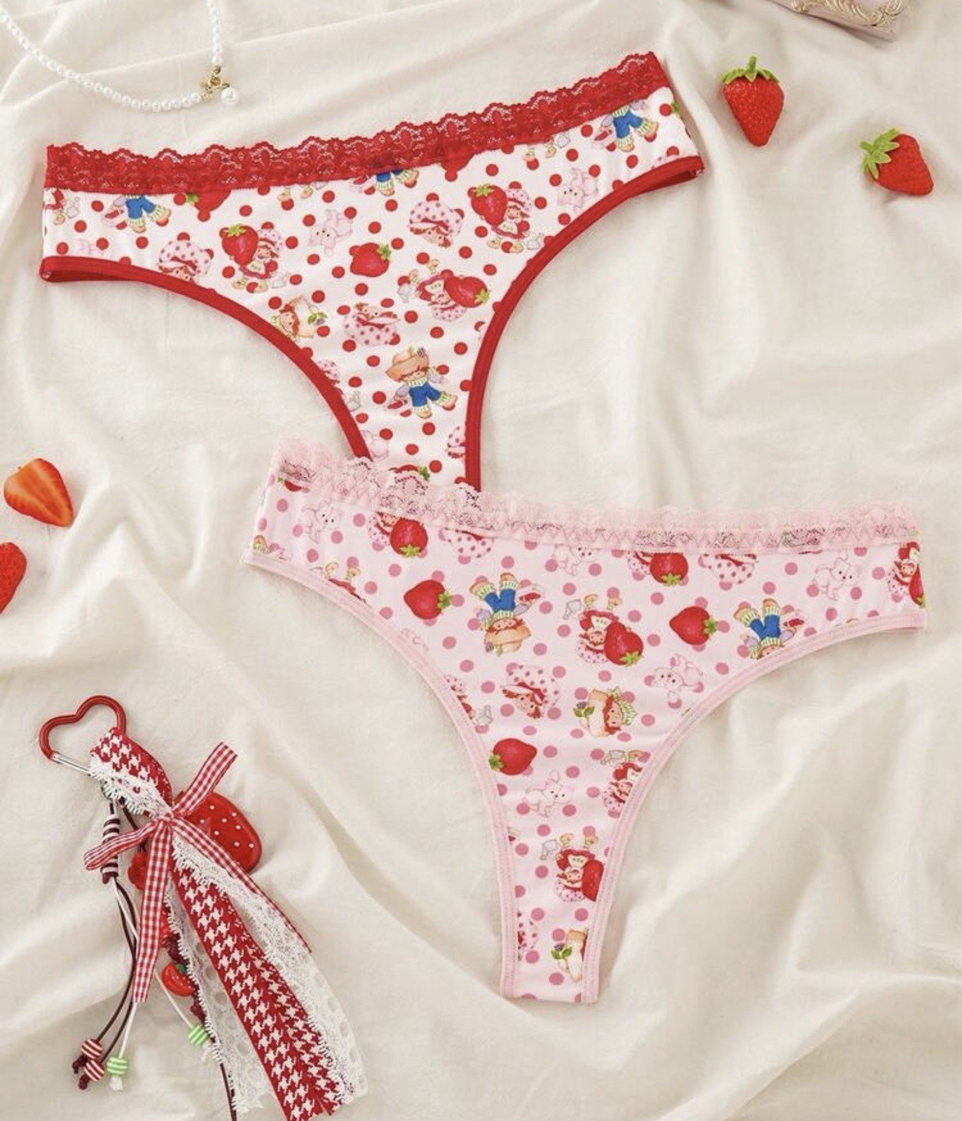 Women’s Teens Strawberry Shortcake Red Pink Kawaii Thong Panties 2pk Large