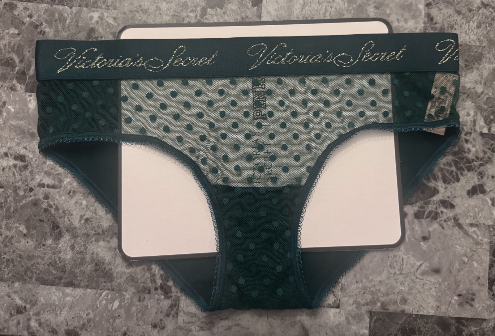 VICTORIA’S SECRET S GREEN MESH POLKA DOT THICK LOGO BAND RARE HIPHUGGER PANTIES