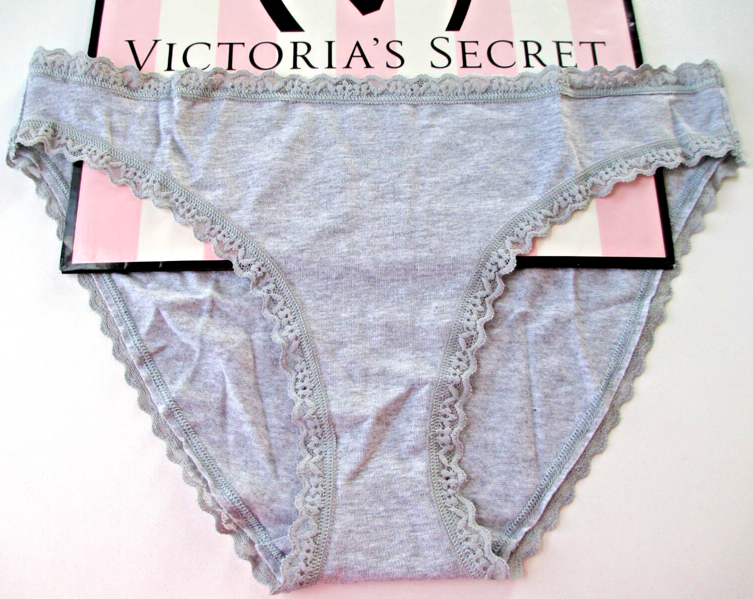 VICTORIA’S SECRET Cotton Bikini Panty VS Lace Trim S M L XL Heather Gray NWT