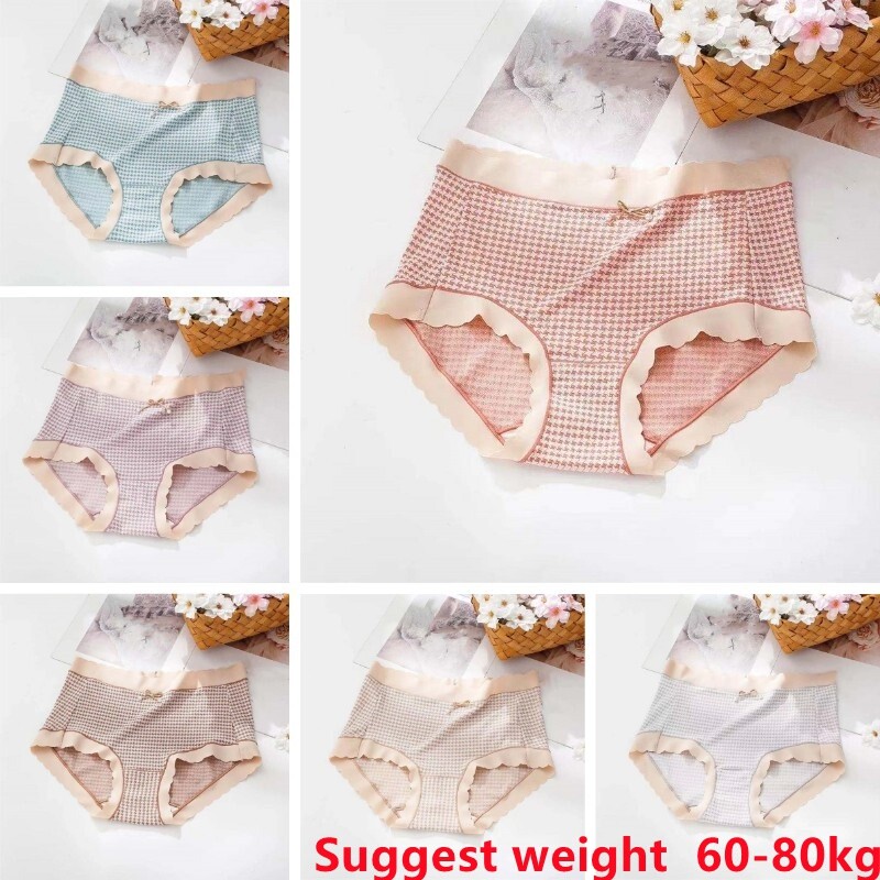 1PC Lady Japanese Briefs Checked Triangle Bowknot Bikini Panties Plus Size Multi