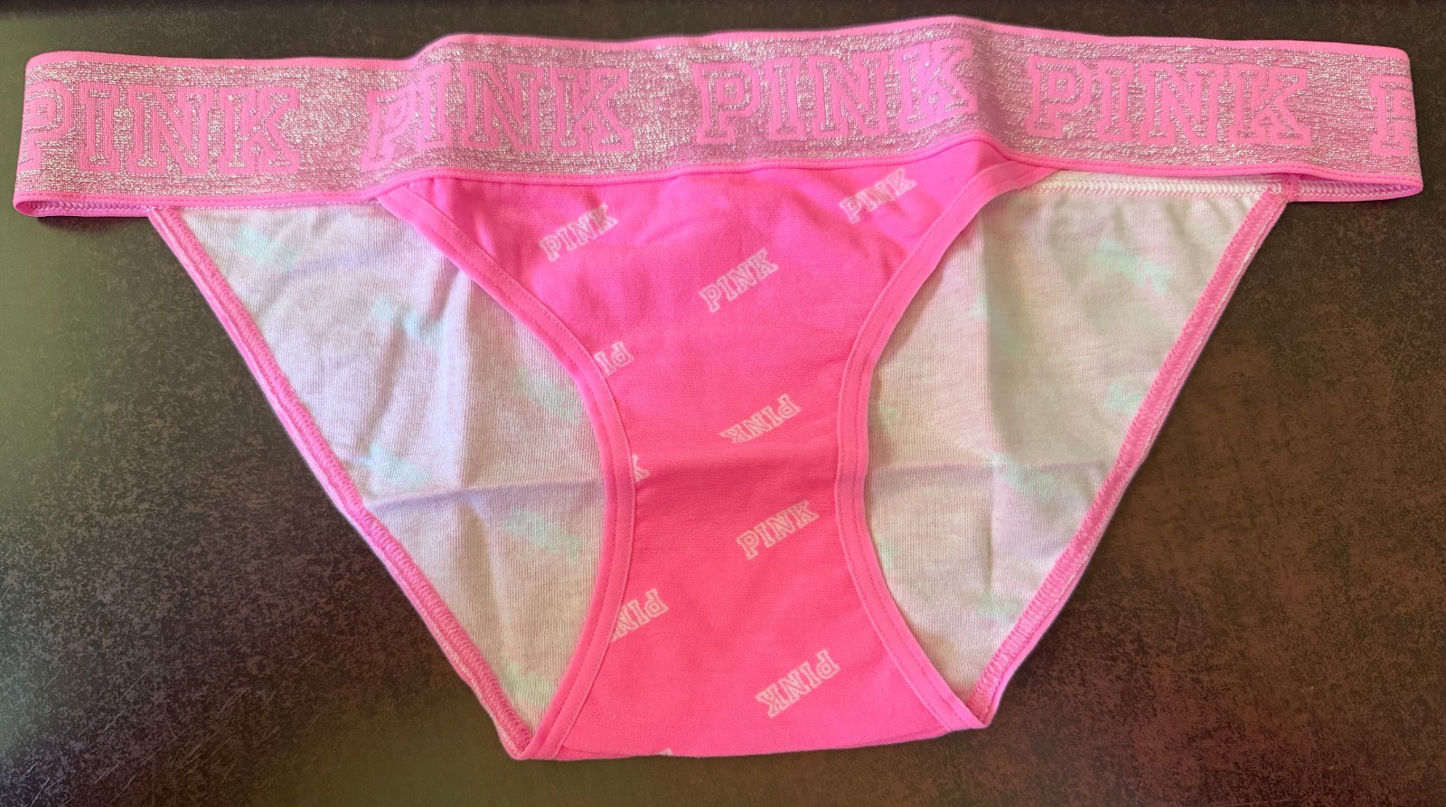 Victoria’s Secret PINK Glitter Waistband Hipster Pink All Over Logo XS S M L VTG