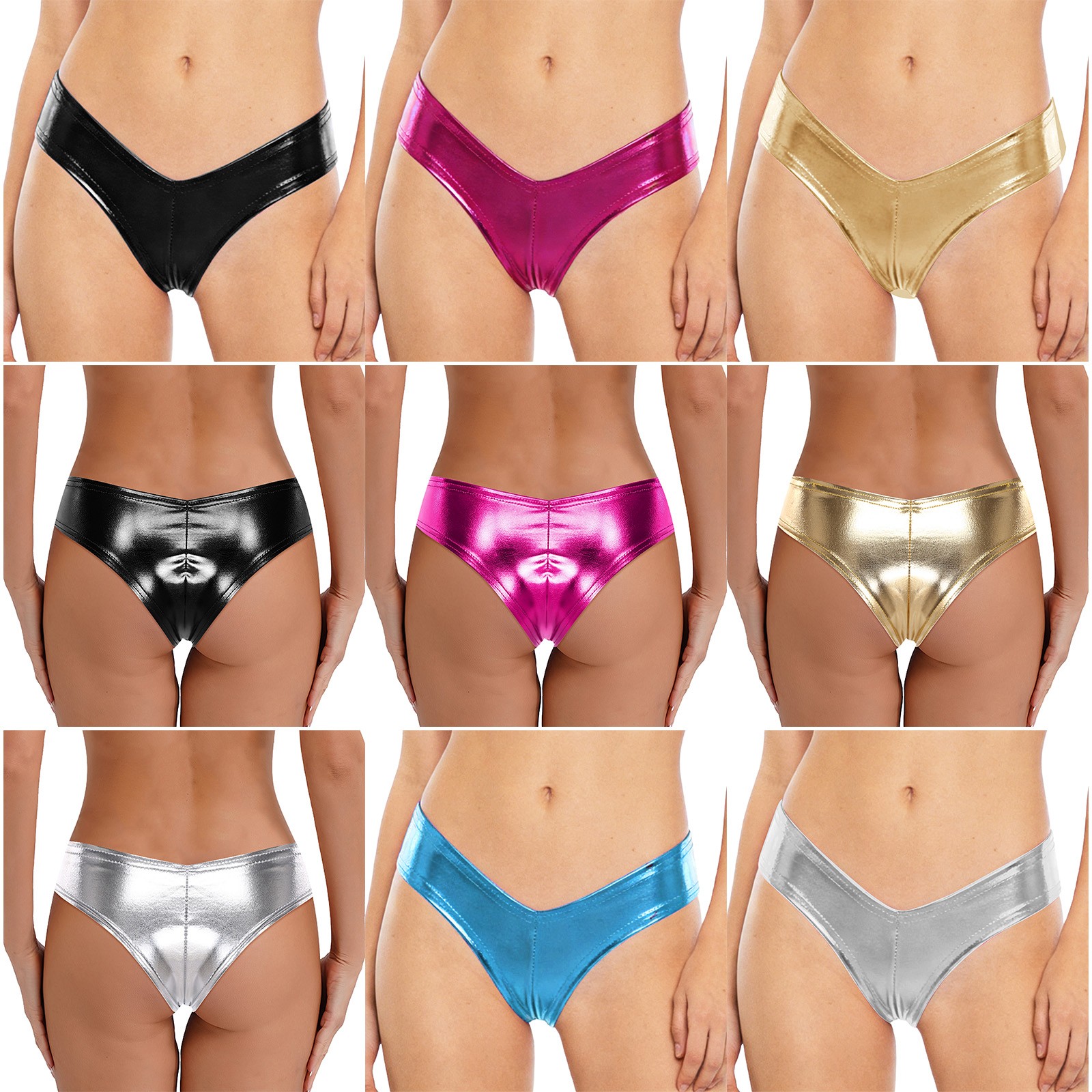 Women Metallic Shiny Mini Bikini Briefs High Waist Booty Cheeky Pants Nightclub