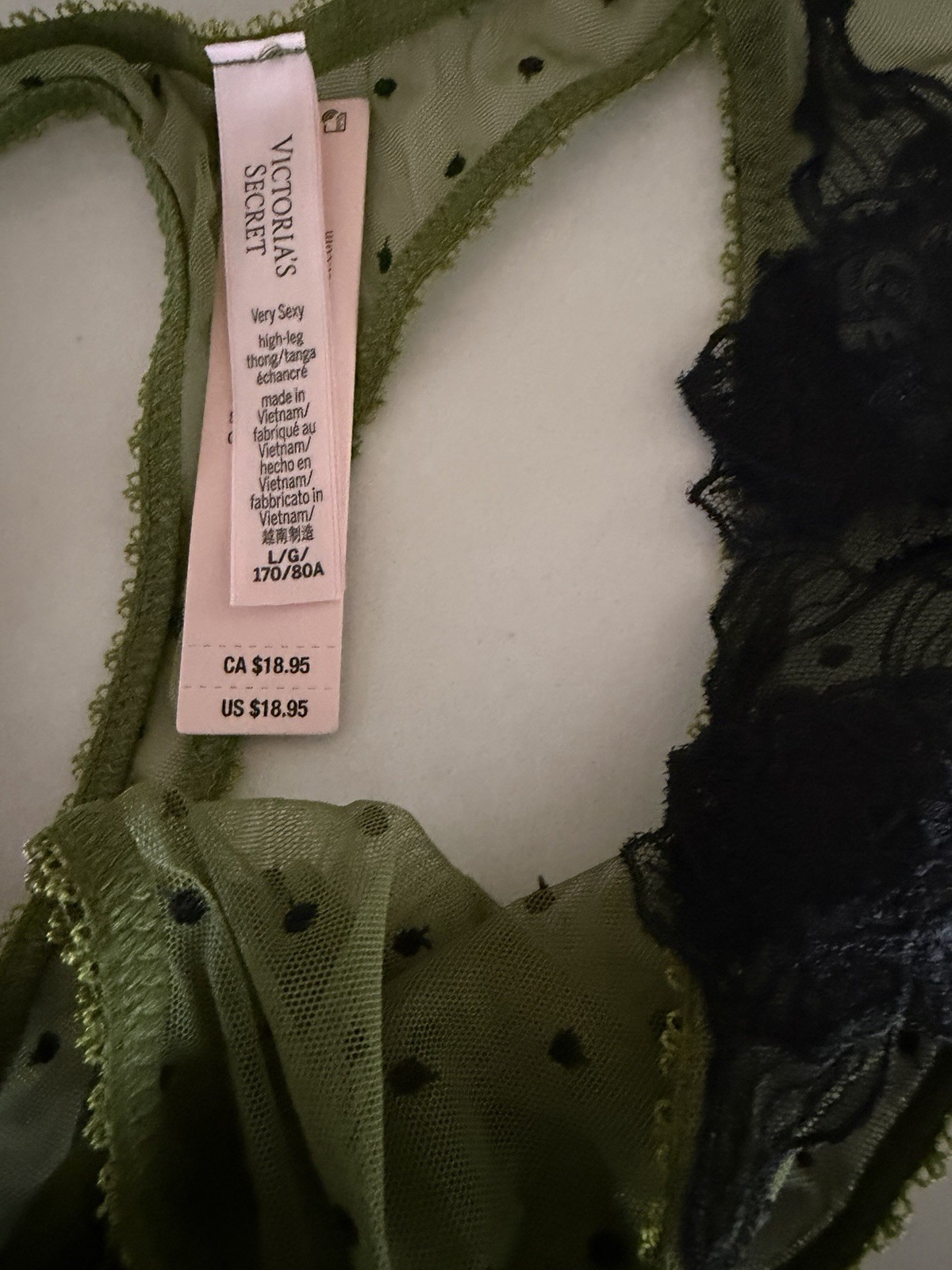 Victoria’s Secret VERY SEXY Thong Panty Green Dot Mesh Black Lace Large NWT
